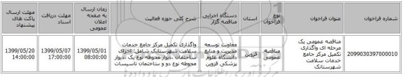 مناقصه عمومی یک مرحله ای واگذاری تکمیل مرکز جامع خدمات سلامت شهرستانک 