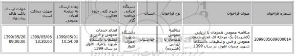 مناقصه عمومی همزمان با ارزیابی (فشرده) یک مرحله ای انجام خدمات عمومی و فنی و تنظیفات دانشگاه شهید چمران اهواز، در سال 1399 