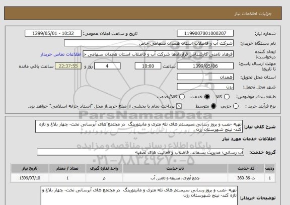 استعلام تهیه -نصب و بروز رسانی سیستم های تله متری و مانیتورینگ  در مجتمع های آبرسانی تخت- چهار بلاغ و تازه کند- نینج شهرستان رزن 