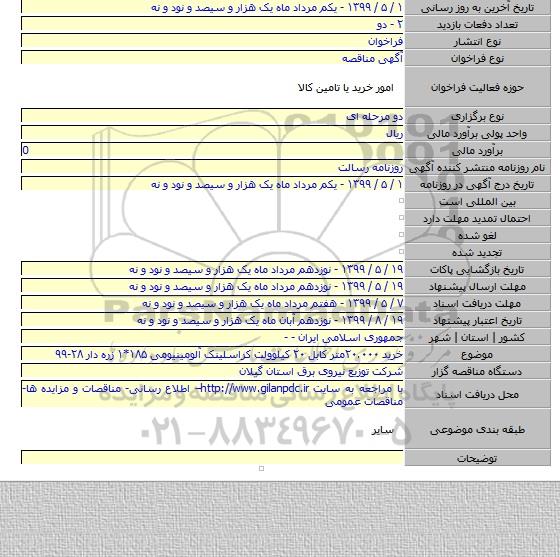 خرید ۲۰.۰۰۰متر کابل ۲۰ کیلوولت کراسلینک آلومینیومی ۱۸۵*۱ زره دار ۲۸-۹۹