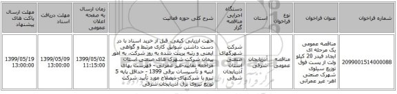 مناقصه عمومی یک مرحله ای ایجاد فیدر 20 کیلو ولت از پست فوق توزیع سیلوی شهرک صنعتی اهر- غیر عمرانی