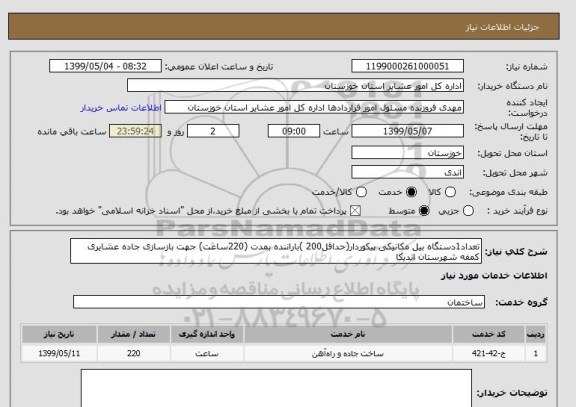 استعلام تعداد1دستگاه بیل مکانیکی پیکوردار(حداقل200 )باراننده بمدت (220ساعت) جهت بازسازی جاده عشایری کمفه شهرستان اندیکا 