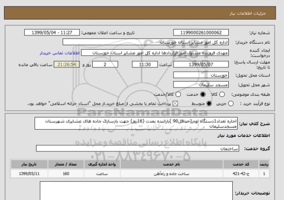 استعلام اجاره تعداد1دستگاه لودر(حداقل90 )باراننده بمدت (16روز) جهت بازسازی جاده های عشایری شهرستان مسجدسلیمان 