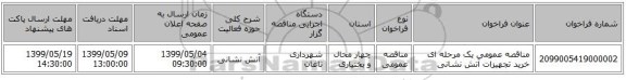 مناقصه عمومی یک مرحله ای خرید تجهیزات آتش نشانی