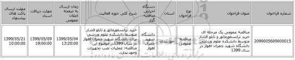 مناقصه عمومی یک مرحله ای خرید ترانسفورماتور و تابلو فشار متوسط دانشکده علوم ورزشی دانشگاه شهید چمران اهواز  در سال 1399 