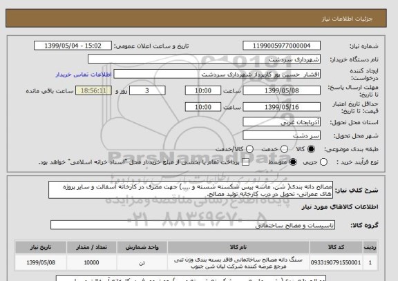 استعلام مصالح دانه بندی( شن، ماسه بیس شکسته شسته و ....) جهت مصرف در کارخانه آسفالت و سایر پروژه های عمرانی- تحویل در درب کارخانه تولید مصالح.