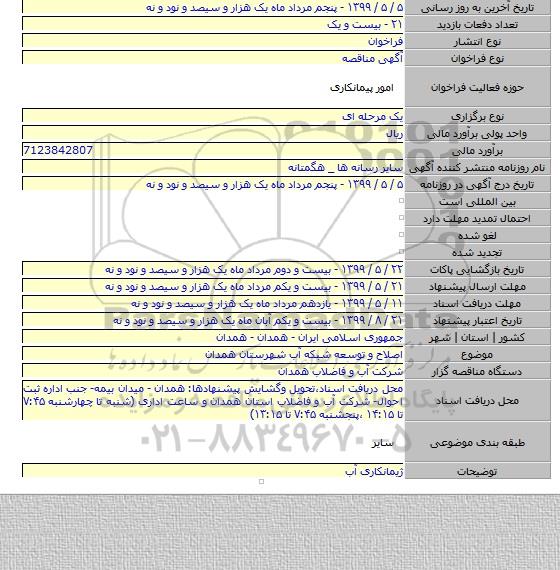 اصلاح و توسعه شبکه آب شهرستان همدان