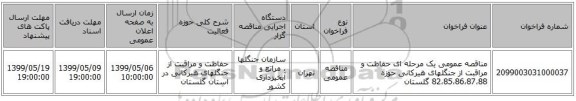 مناقصه عمومی یک مرحله ای حفاظت و مراقبت از جنگلهای هیرکانی حوزه 82،85،86،87،88 گلستان