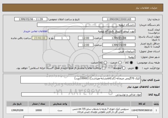 استعلام کیک 70گرمی صبحانه (کدکالامشابه میباشد)) (10000عدد)