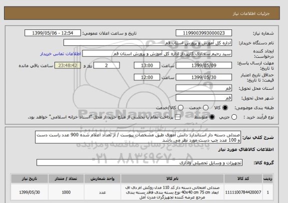 استعلام صندلی دسته دار استاندارد دانش آموزی طبق مشخصات پیوست / از تعداد اعلام شده 900 عدد راست دست و 100 عدد چپ دست مورد نظر می باشد