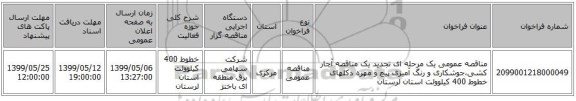 مناقصه عمومی یک مرحله ای تجدید یک مناقصه آچار کشی،جوشکاری و رنگ آمیزی پیچ و مهره دکلهای خطوط 400 کیلوولت استان لرستان 