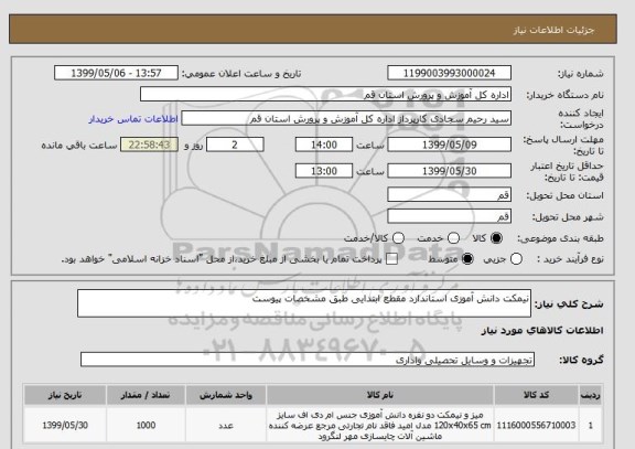 استعلام نیمکت دانش آموزی استاندارد مقطع ابتدایی طبق مشخصات پیوست