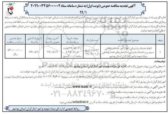 تجدید مناقصه ، تجدید مناقصه واگذاری انجام خدمات پشتیبانی