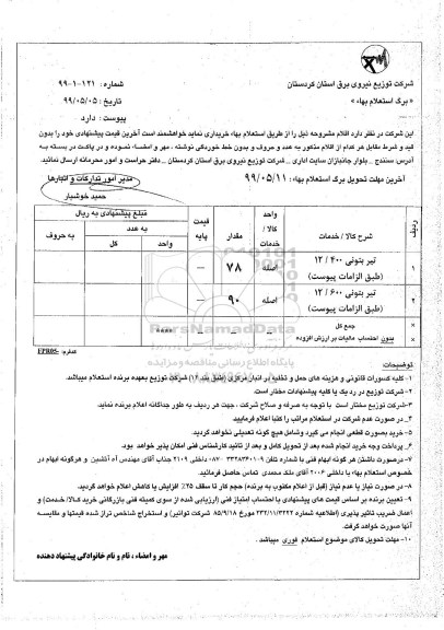 استعلام، استعلام تیر بتونی 12/400 و...