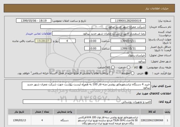 استعلام خرید 4 دستگاه ترانسفورماتور روغنی سه فاز 100 به همراه لیست پیوست جهت شرکت عمران شهر جدید بینالود