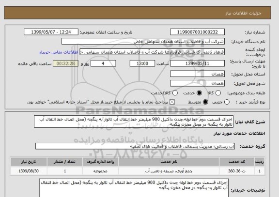 استعلام اجرای قسمت دوم خط لوله چدن داکتیل 900 میلیمتر خط انتقال آب تالوار به ینگجه (محل اتصال خط انتقال آب تالوار به ینگجه در محل مخزن ینگجه