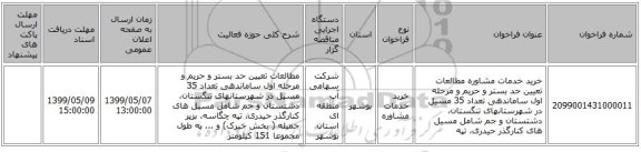 خرید خدمات مشاوره مطالعات تعیین حد بستر و حریم و مرحله اول ساماندهی تعداد 35 مسیل در شهرستانهای تنگستان، دشتستان و جم شامل مسیل های کنارگذر حیدری، تپه 