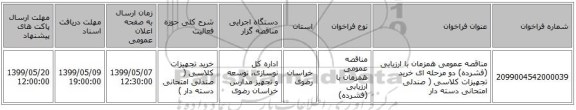 مناقصه عمومی همزمان با ارزیابی (فشرده) دو مرحله ای  خرید تجهیزات کلاسی ( صندلی امتحانی دسته دار  