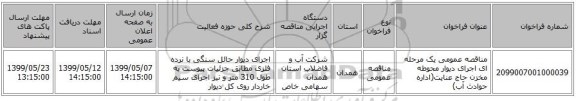 مناقصه عمومی یک مرحله ای اجرای دیوار محوطه مخزن حاج عنایت(اداره حوادث آب)