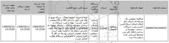 مناقصه عمومی یک مرحله ای اجرای خط انتقال،اصلاح شبکه،فنس کشی،نصب شیرآلات ،ساخت حوضجه و ساخت اتاقک کلر زنی مجتمع آبرسانی تخت شهرستان رزن 