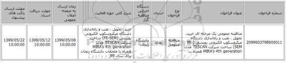 مناقصه عمومی یک مرحله ای خرید، تحویل ، نصب و راه‌اندازی دستگاه میکروسکوپ الکترونی روبشی (FE-SEM) ساخت شرکت TESCAN  مدل: MIRA’s 4th  generation همراه ب