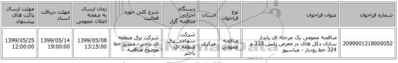 مناقصه عمومی یک مرحله ای پایدار سازی  دکل های در معرض رانش 323 و 324 خط  رودبار - عباسپور 