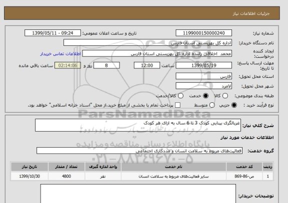 استعلام غربالگری بینایی کودک 3 تا 6 سال به ازای هر کودک