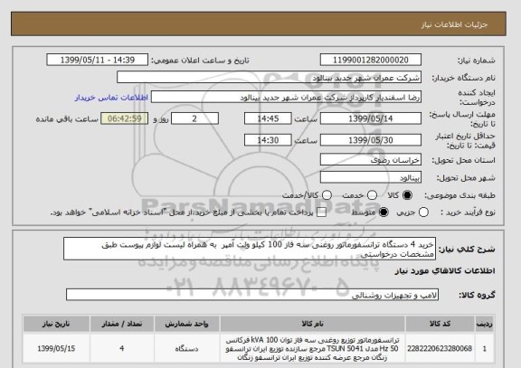 استعلام خرید 4 دستگاه ترانسفورماتور روغنی سه فاز 100 کیلو ولت آمپر  به همراه لیست لوازم پیوست طبق مشخصات درخواستی 