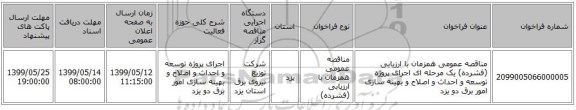 مناقصه عمومی همزمان با ارزیابی (فشرده) یک مرحله ای اجرای پروژه توسعه و احداث و اصلاح و بهینه سازی امور برق دو یزد