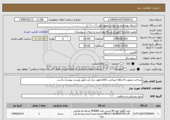 استعلام پرداخت بصورت 6 ماهه میباشد کالای مورد نیاز باید طبق لیست پیوست باشد.