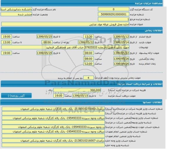 مزایده, مزایده اجاره محل فروش غرفه مواد غذایی 