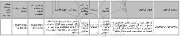 فراخوان ارزیابی کیفی تعمیر، جابجایی و اصلاح شبکه گاز، تعویض، جمع آوری، جابجایی و اجرای انشعابات پلی اتیلن و فولادی در سطح زون شهرستان ساوه 