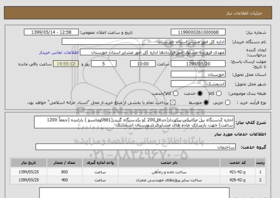 استعلام اجاره 2دستگاه بیل مکانیکی پیکوردار(حداقل200 )و یکدستگاه گریدر(661کوماتسو ) باراننده (جمعاً 1200 ساعت) جهت بازسازی جاده های عشایری شهرستان اندیمشک 