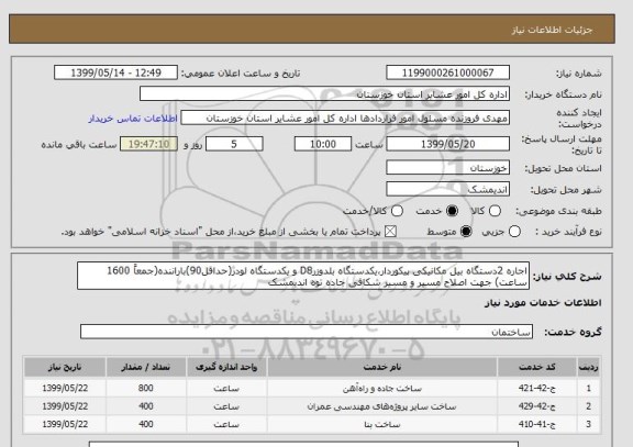 استعلام اجاره 2دستگاه بیل مکانیکی پیکوردار،یکدستگاه بلدوزرD8 و یکدستگاه لودر(حداقل90)باراننده(جمعاً 1600 ساعت) جهت اصلاح مسیر و مسیر شکافی جاده توه اندیمشک 