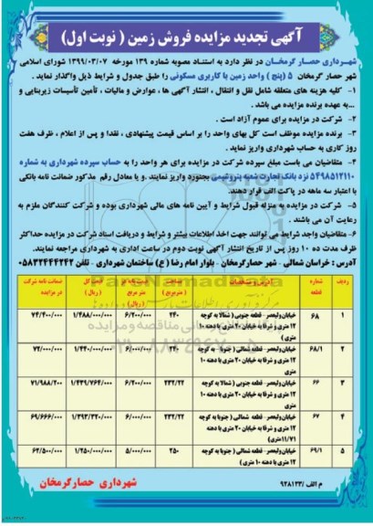 آگهی مزایده مزایده تجدید فروش 5 واحد زمین با کاربری مسکونی نوبت اول 