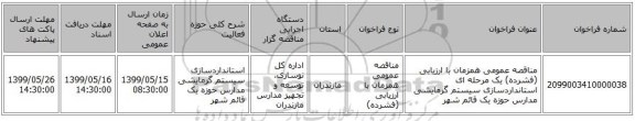 مناقصه عمومی همزمان با ارزیابی (فشرده) یک مرحله ای استانداردسازی سیستم گرمایشی مدارس حوزه یک قائم شهر