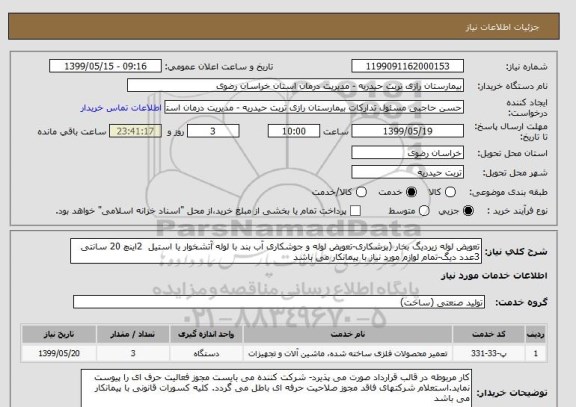 استعلام تعویض لوله زیردیگ بخار (برشکاری-تعویض لوله و جوشکاری آب بند با لوله آتشخوار یا استیل  2اینچ 20 سانتی 3عدد دیگ-تمام لوازم مورد نیاز با پیمانکار می باشد