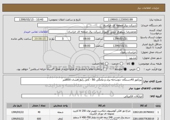 استعلام پرژکتور 40دستگاه -دوشاخه نری و مادگی 80 - کابل رابط افشان 600متر 