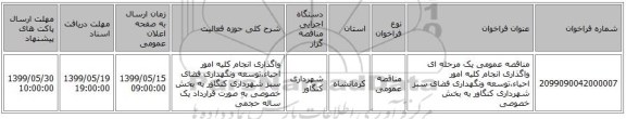 مناقصه عمومی یک مرحله ای واگذاری انجام کلیه امور احیاء،توسعه ونگهداری فضای سبز شهرداری کنگاور به بخش خصوصی