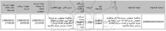 مناقصه عمومی دو مرحله ای مناقصه عمومی دو مرحله ای خرید انتقال و تجزیه مکانیزه و آماده سازی امانات پستی مرکز مکانیزه