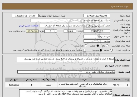 استعلام مبارزه با حیوانات موذی، خزندگان ، حشرات و پرندگان در 120 پست خراسان مطابق شرح فایل پیوست.