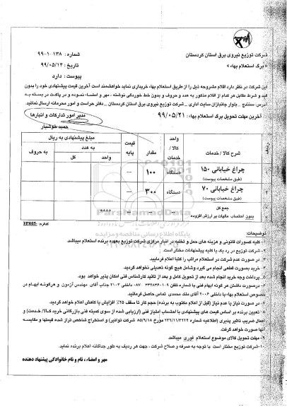 استعلام، استعلام چراغ خیابانی 150... 