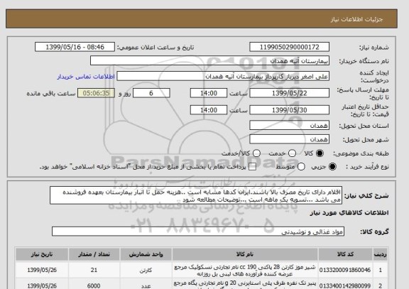 استعلام اقلام دارای تاریخ مصرف بالا باشند.ایران کدها مشابه است ..هزینه حمل تا انبار بیمارستان بعهده فروشنده می باشد ...تسویه یک ماهه است ...توضیحات مطالعه شود