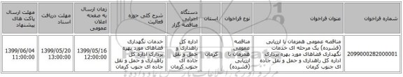 مناقصه عمومی همزمان با ارزیابی (فشرده) یک مرحله ای خدمات نگهداری فضاهای مورد بهره برداری اداره کل راهداری و حمل و نقل جاده ای جنوب کرمان