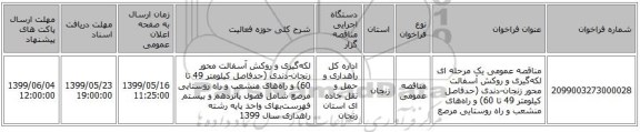 مناقصه عمومی یک مرحله ای لکه‌گیری و روکش آسفالت محور زنجان-دندی (حدفاصل کیلومتر 49 تا 60) و راه‌های منشعب و راه روستایی مرصع