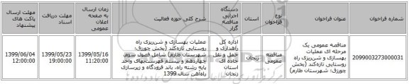 مناقصه عمومی یک مرحله ای عملیات بهسازی و شن‌ریزی راه روستایی تازه‌کند (بخش چورزق؛ شهرستان طارم)