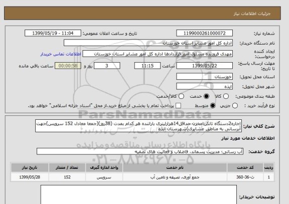 استعلام اجاره2دستگاه تانکربامخزن حداقل14هزارلیتری باراننده هر کدام بمدت (38روز)(جمعا معادل 152 سرویس)جهت آبرسانی به مناطق عشایری)شهرستان ایذه   