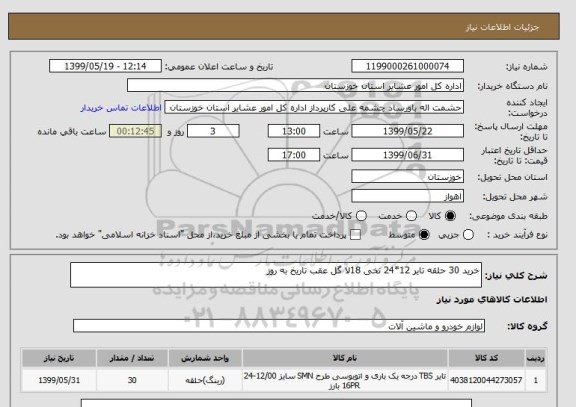 استعلام خرید 30 حلقه تایر 12*24 نخی 18لا گل عقب تاریخ به روز