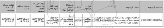 مناقصه عمومی یک مرحله ای تجدید 2 مناقصه تعویض،اصلاح و بهینه سازی ایزولاسیون خط 230 کیلوولت مهر- 400 اراک یک 