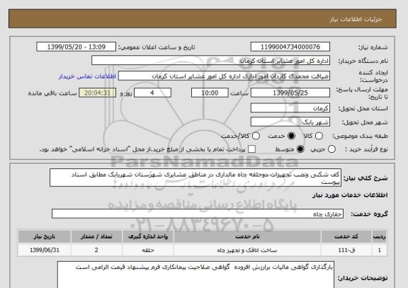 استعلام کف شکنی ونصب تجهیزات دوحلقه چاه مالداری در مناطق عشایری شهرستان شهربابک مطابق اسناد پیوست